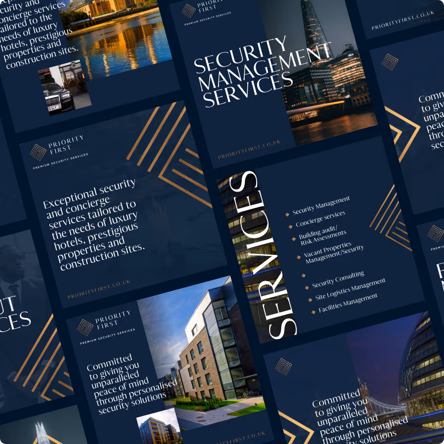Collage of promotional cards for Priority First security services with cityscapes and text about luxury security.
