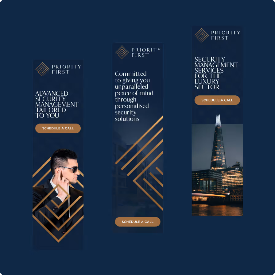 Three dark blue security service banners with gold accents, text, a man with earpiece, and cityscape at night.