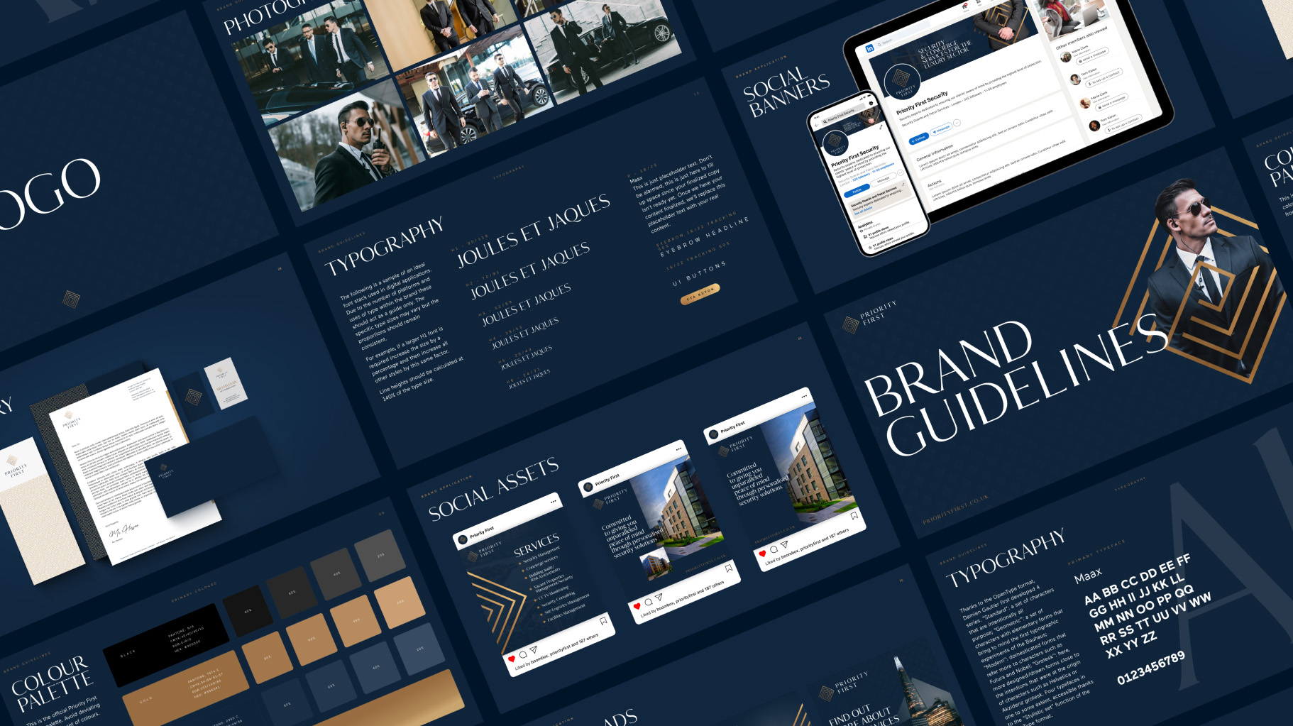 Priority First brand guidelines including logo, color palette, typography, social assets, and photography.