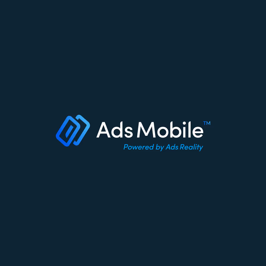 Ads Mobile logo with two blue overlapping rectangles and text powered by Ads Reality.