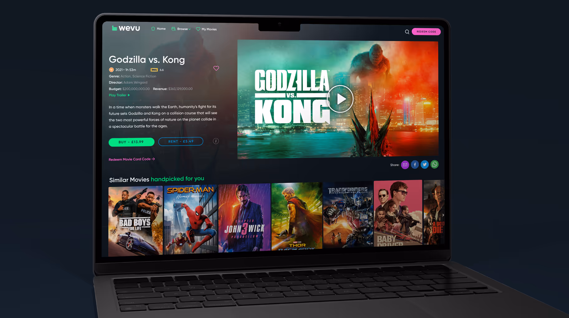 Laptop screen showing movie details for Godzilla vs. Kong with purchase options and suggested similar movies.
