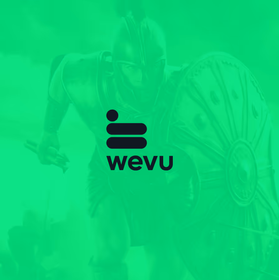 Wevu logo over a faint green-tinted image of a warrior holding a shield and weapon.