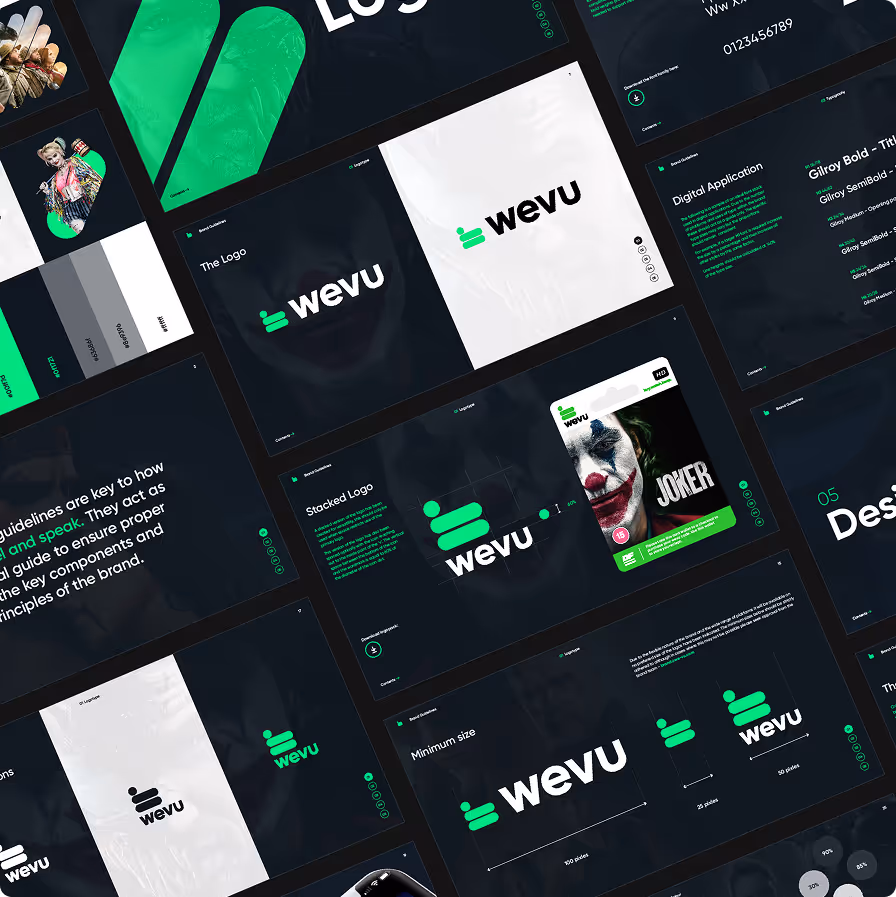 Digital brand guideline layouts for 'wevu' logo and design elements with green and white on black backgrounds.