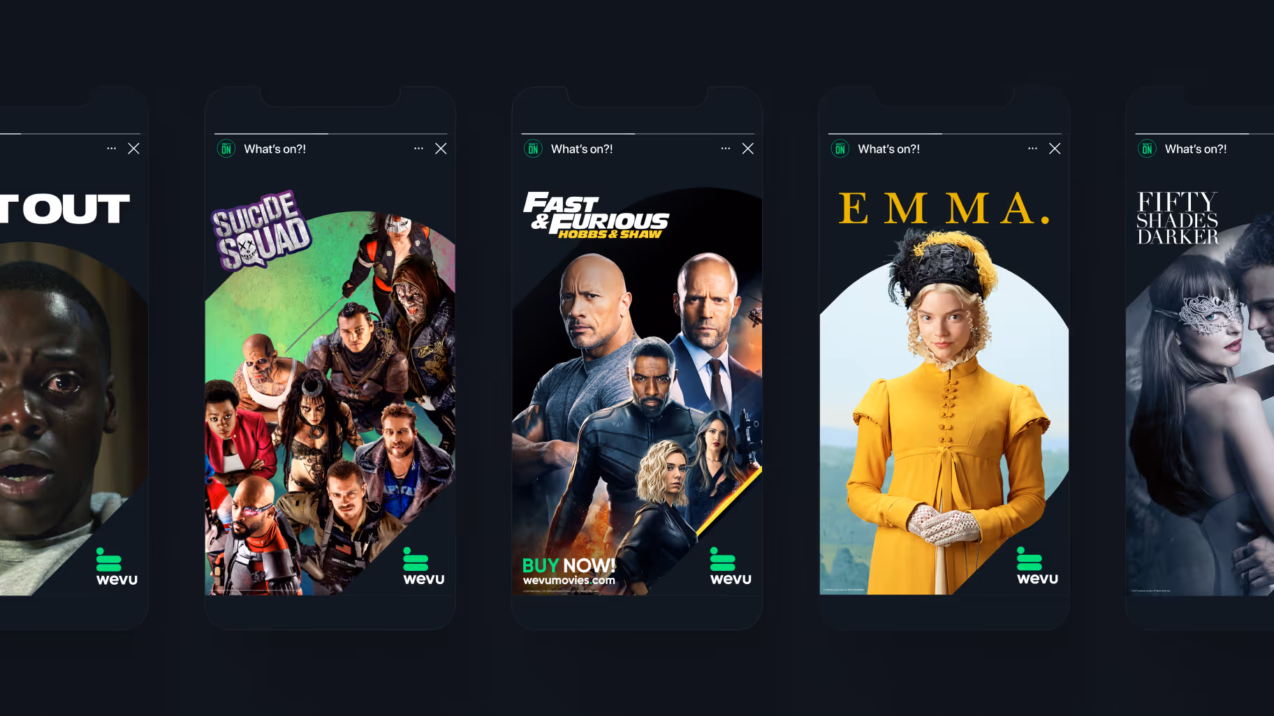 Five smartphone screens showing movie posters: Get Out, Suicide Squad, Fast & Furious, Emma, and Fifty Shades Darker.