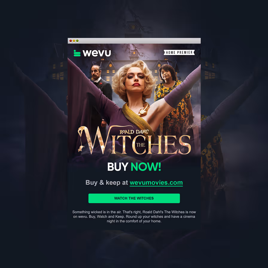 Thumbnail image for video showing a marketing email promoting the movie Witches