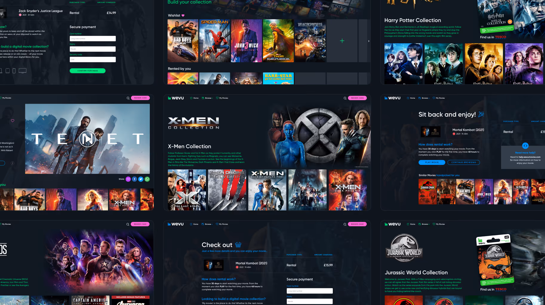 Movie streaming app interface showcasing collections like Tenet, X-Men, Harry Potter, and Jurassic World.