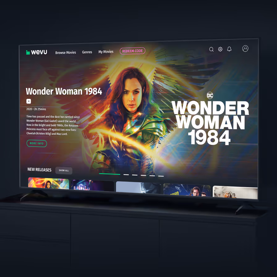 TV screen displaying the movie Wonder Woman 1984 with a female warrior in armor and menu options.