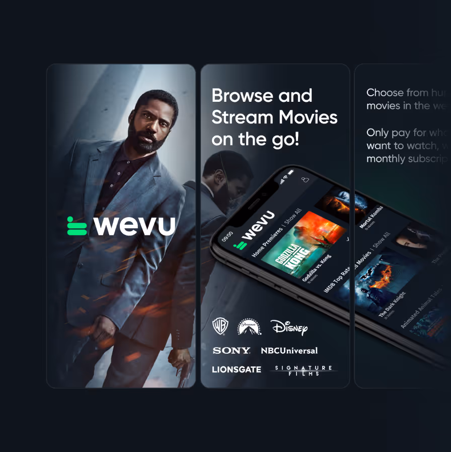 Wevu movie streaming app ad showing a man in suit, phone screen with movie titles, and studio logos.