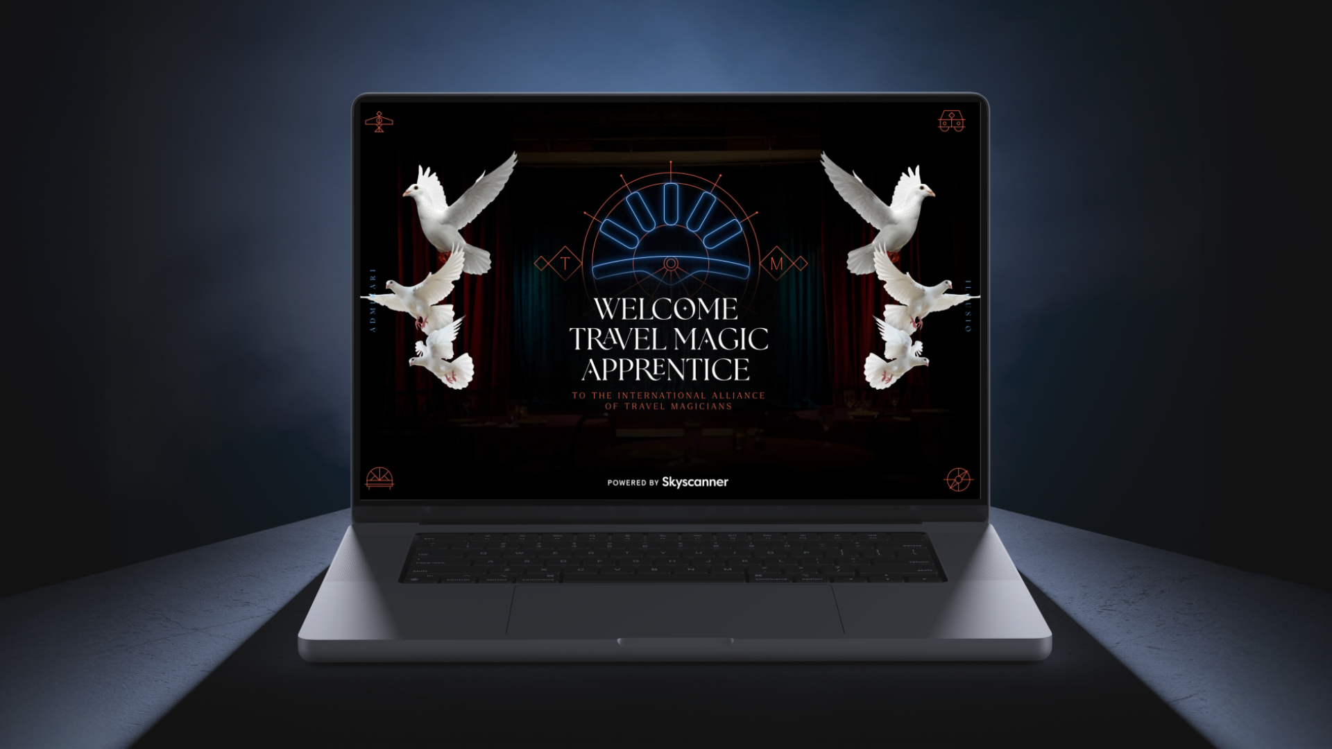Laptop screen shows 'Welcome Travel Magic Apprentice' with flying white doves and Skyscanner logo.