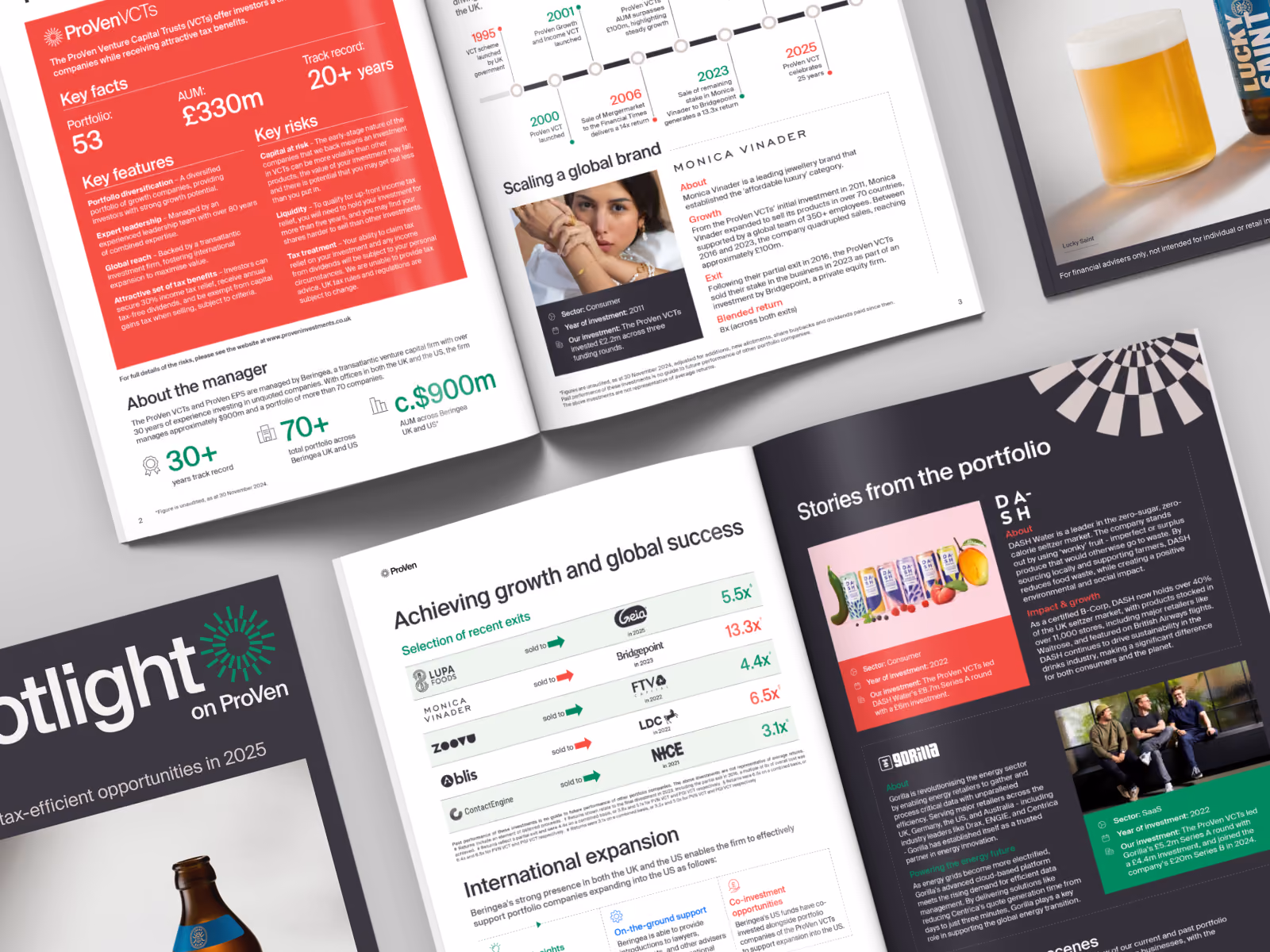 Open brochure showing ProVen VCTs key facts, manager info, global success, and portfolio stories.
