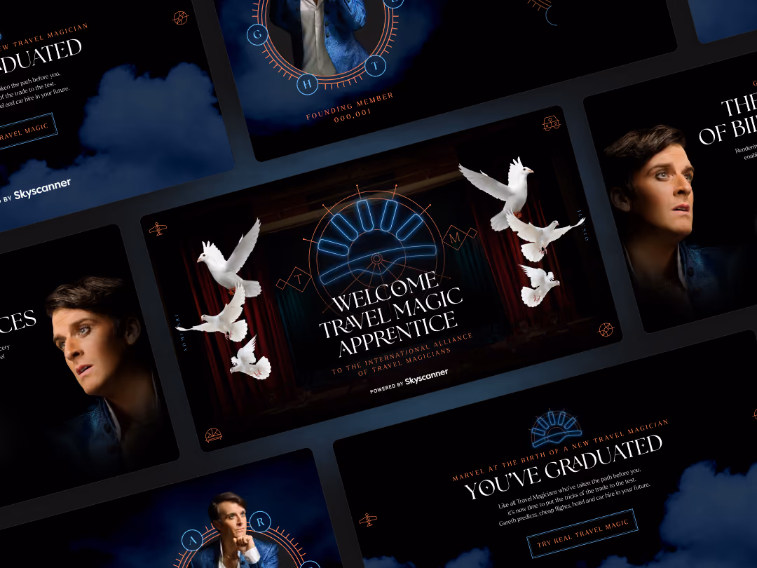 Collage of travel magic theme with portraits, doves, and text about travel magic apprenticeship powered by Skyscanner.