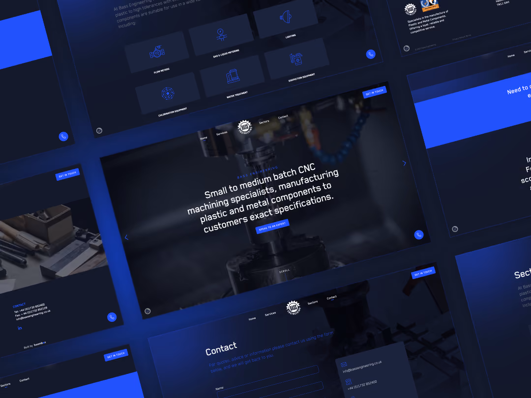Website design showing multiple dark-themed pages for CNC machining and contact info, with blue accents.