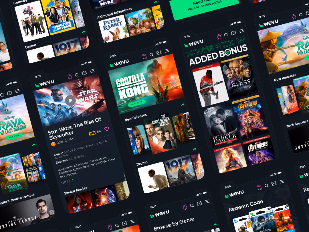 Collage of Wevu streaming app screens showing movie titles, genres, and categories on phone interfaces.