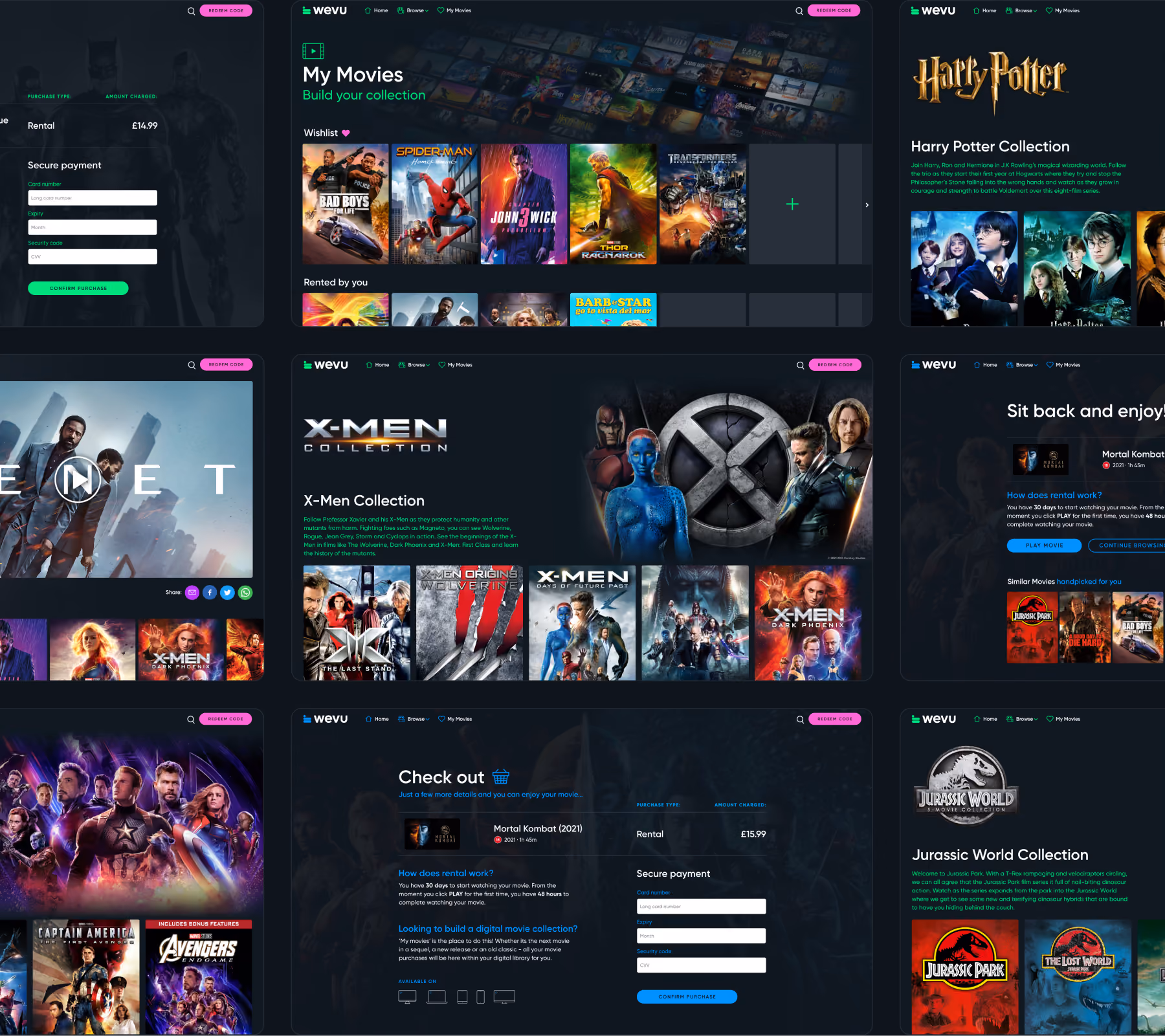Grid of movie streaming UI screens showcasing collections like Harry Potter, X-Men, Jurassic World, and Avengers.