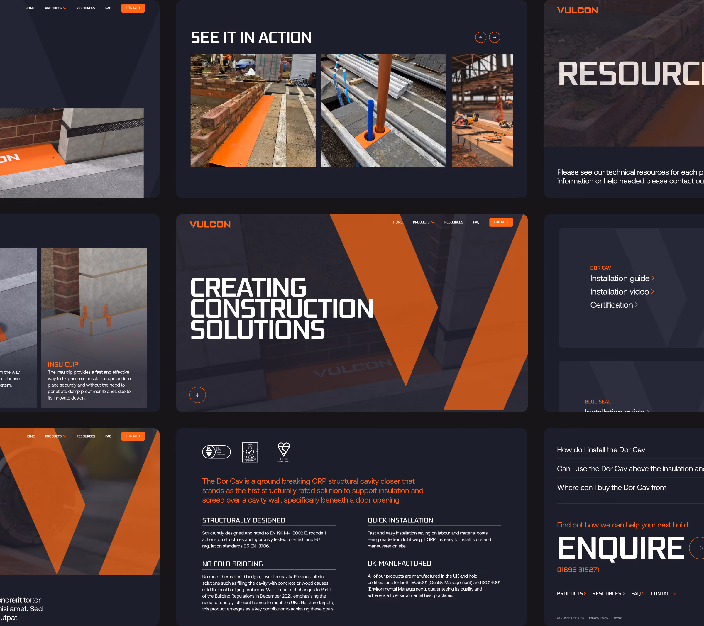 Website sections showing Vulcon construction solutions, product installation, features, and contact info.