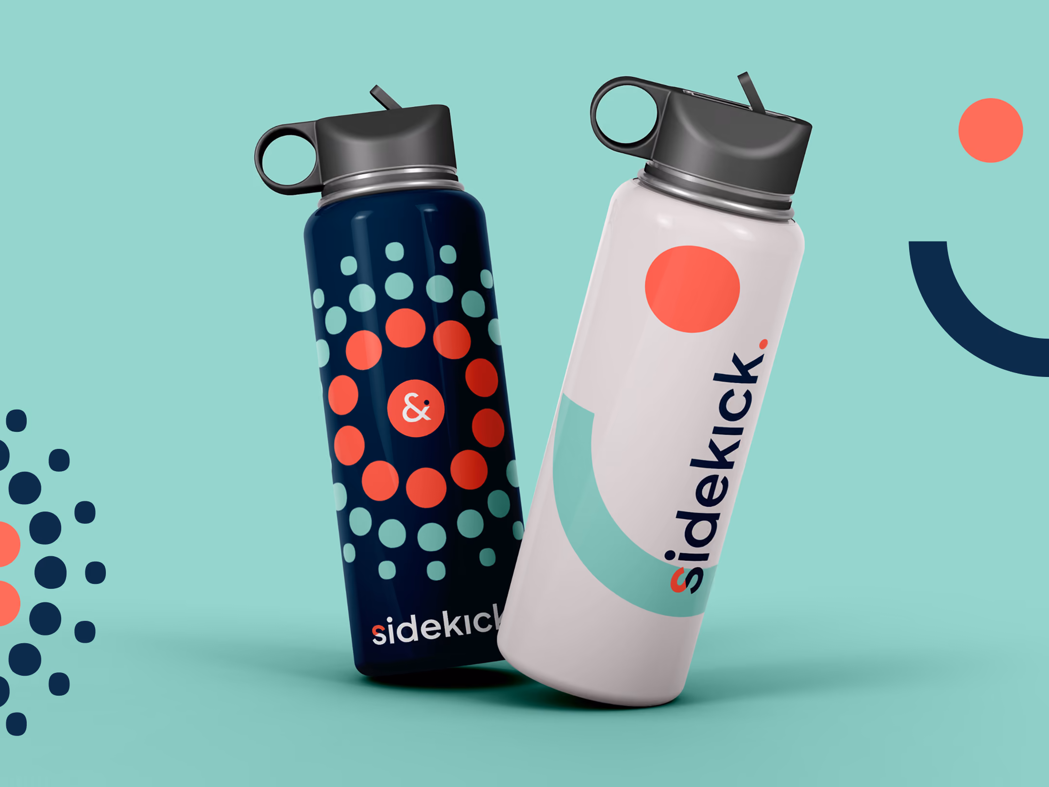Two water bottles with black caps, one white and one navy, both with 'sidekick' logo and dot patterns.