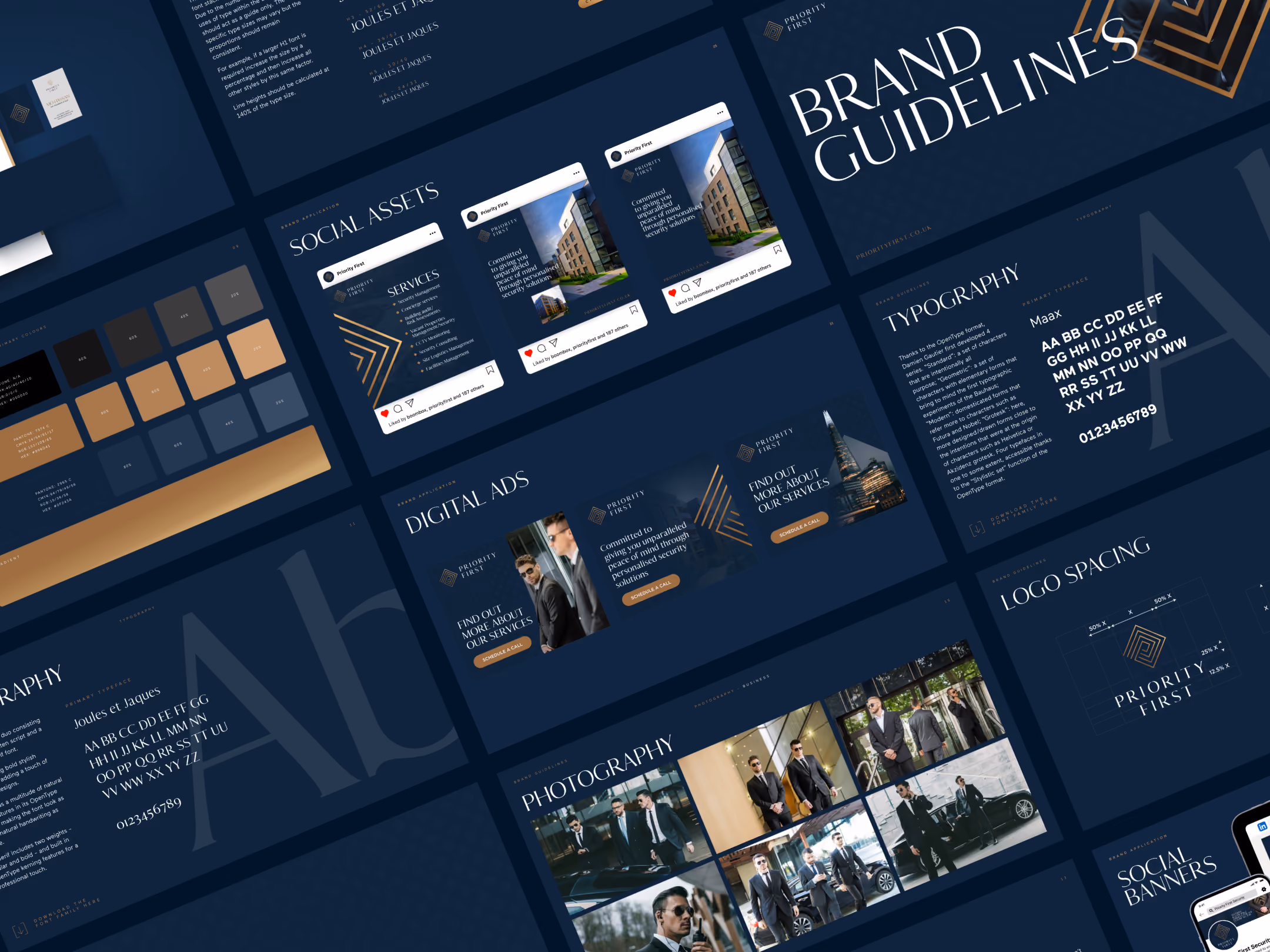 Priority First brand guidelines showcasing typography, color palette, logo spacing, digital ads, and photography.