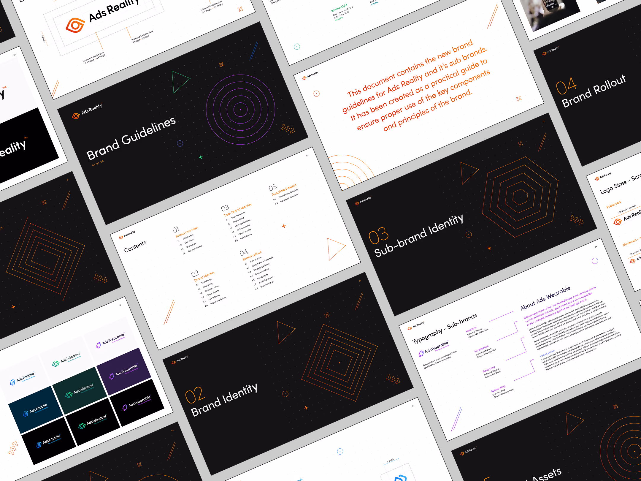 Multiple slides showing Ads Reality brand guidelines, identity, sub-brand identity, typography, and rollout.