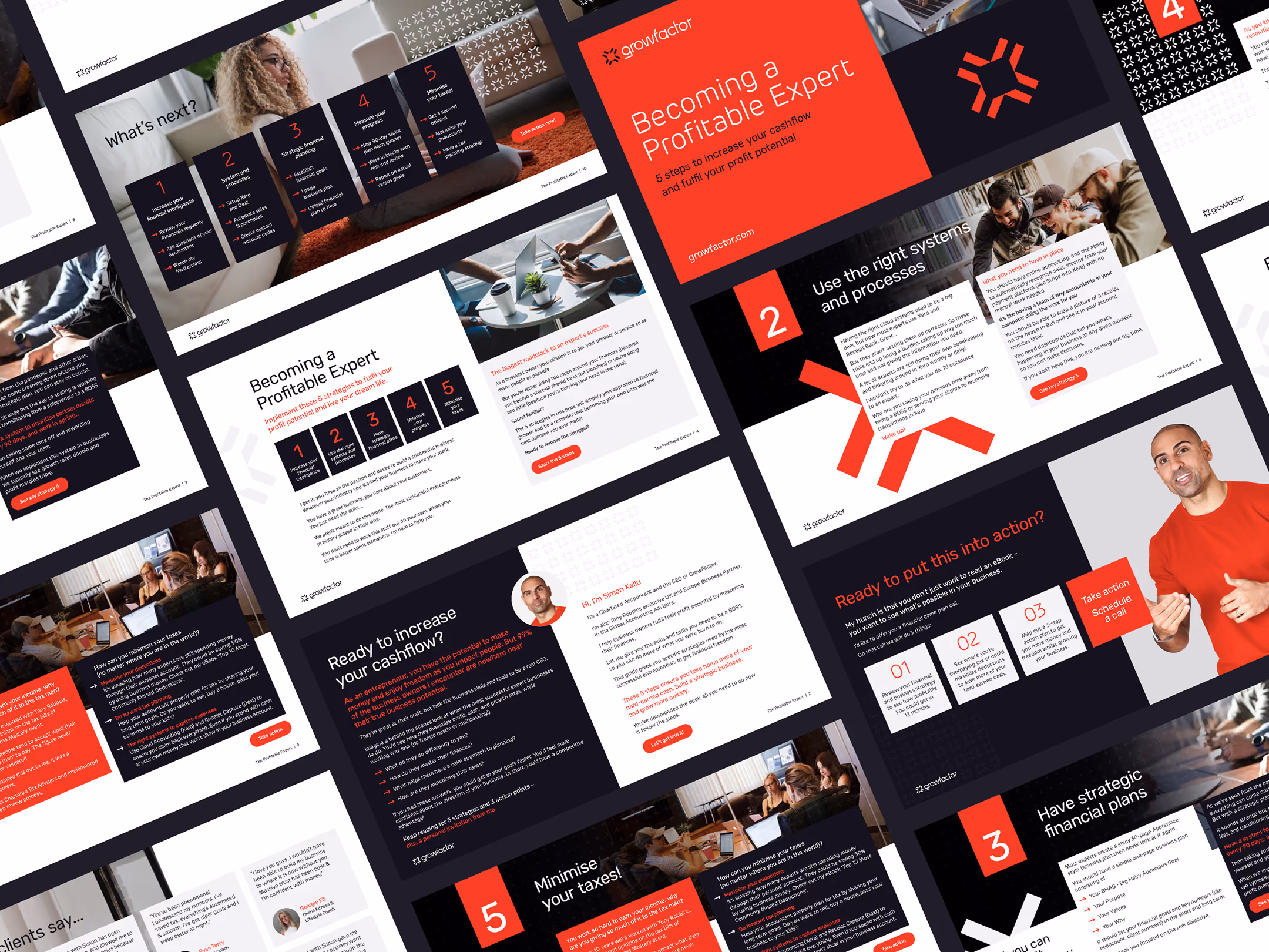 Multiple pages from a business guide titled Becoming a Profitable Expert with steps and images.