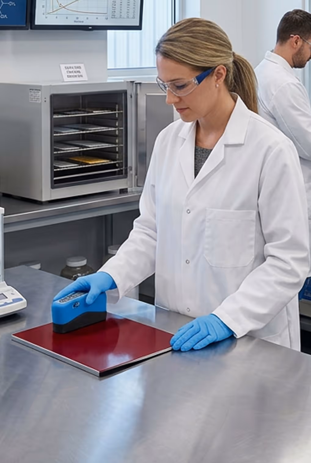 Scientist in a lab coat and gloves using a handheld blue device to examine a red panel on a stainless steel table in a laboratory.