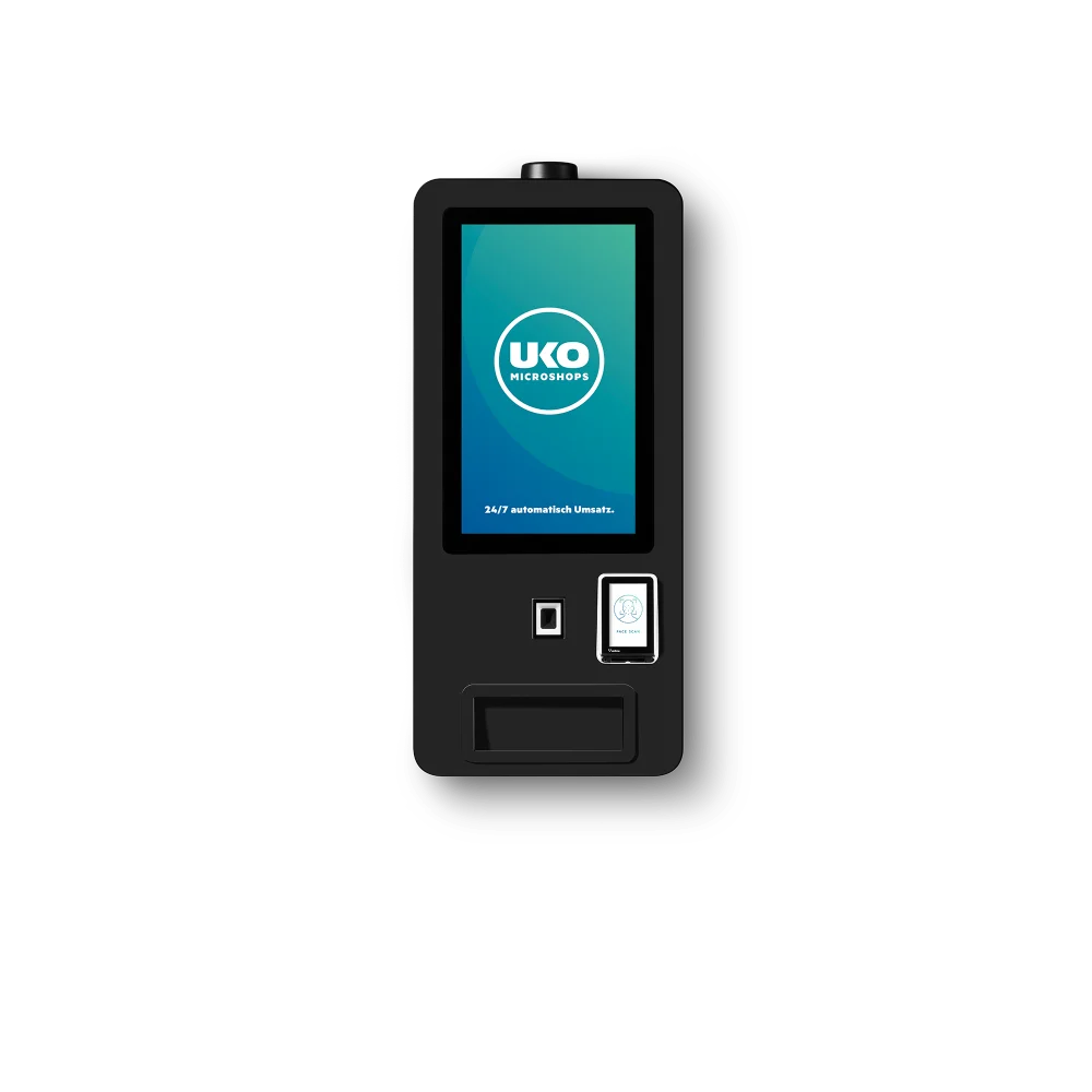 UKO MIO, kompakter Wandautomat mit 24-Zoll-Touchscreen für Zigaretten, Pouches und Vapes.