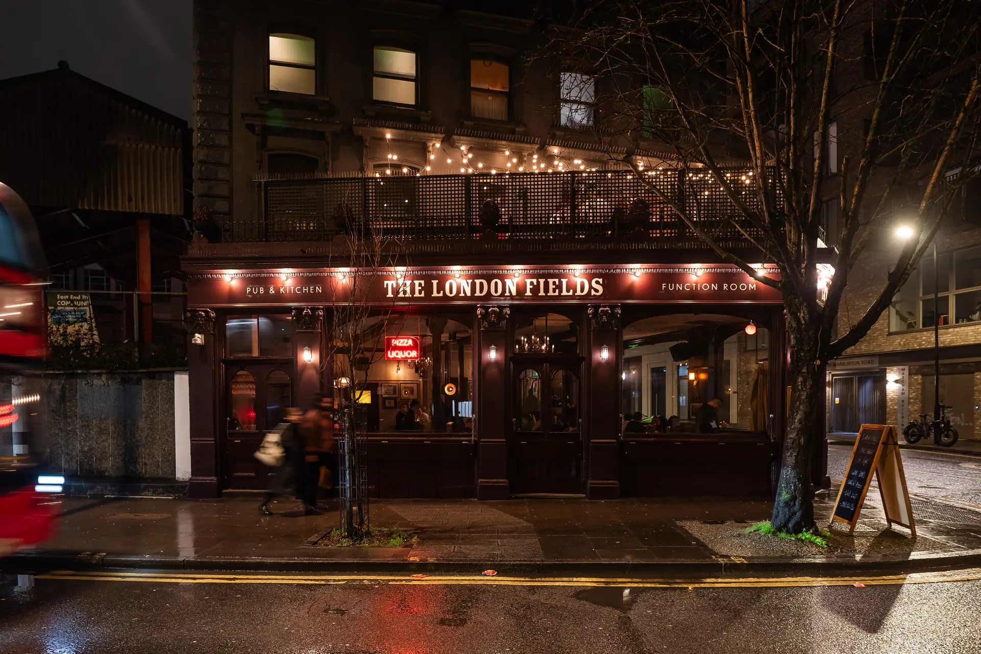 The London Fields is a classic East-End pub on Mare Street, the Victorian building is a stylish and decadent cocktail bar and restaurant spread over three floors. With spaces to suit every occasion, The London Fields boasts a lively main bar, a grand banquet hall, and an elegant first-floor cocktail lounge complete with a private roof terrace - ideal for hosting unforgettable private parties, and the ultimate destination for a night out in Hackney. The London Fields pub is now home to the Hackney institution; Well Street Pizza.