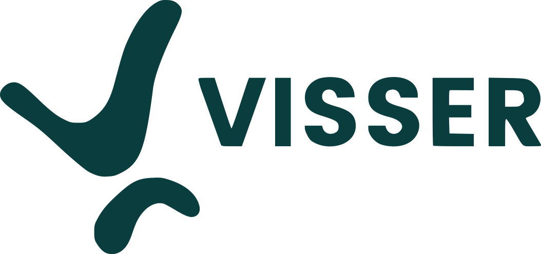 Visser bedrijfsnaam met een abstract vogelvormig logo links.