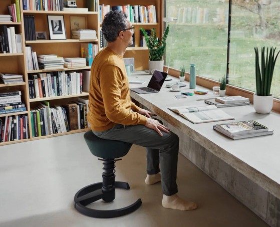 Man zit op een ergonomische stoel bij een bureau met laptop, boeken en planten naast een raam met uitzicht op een tuin.