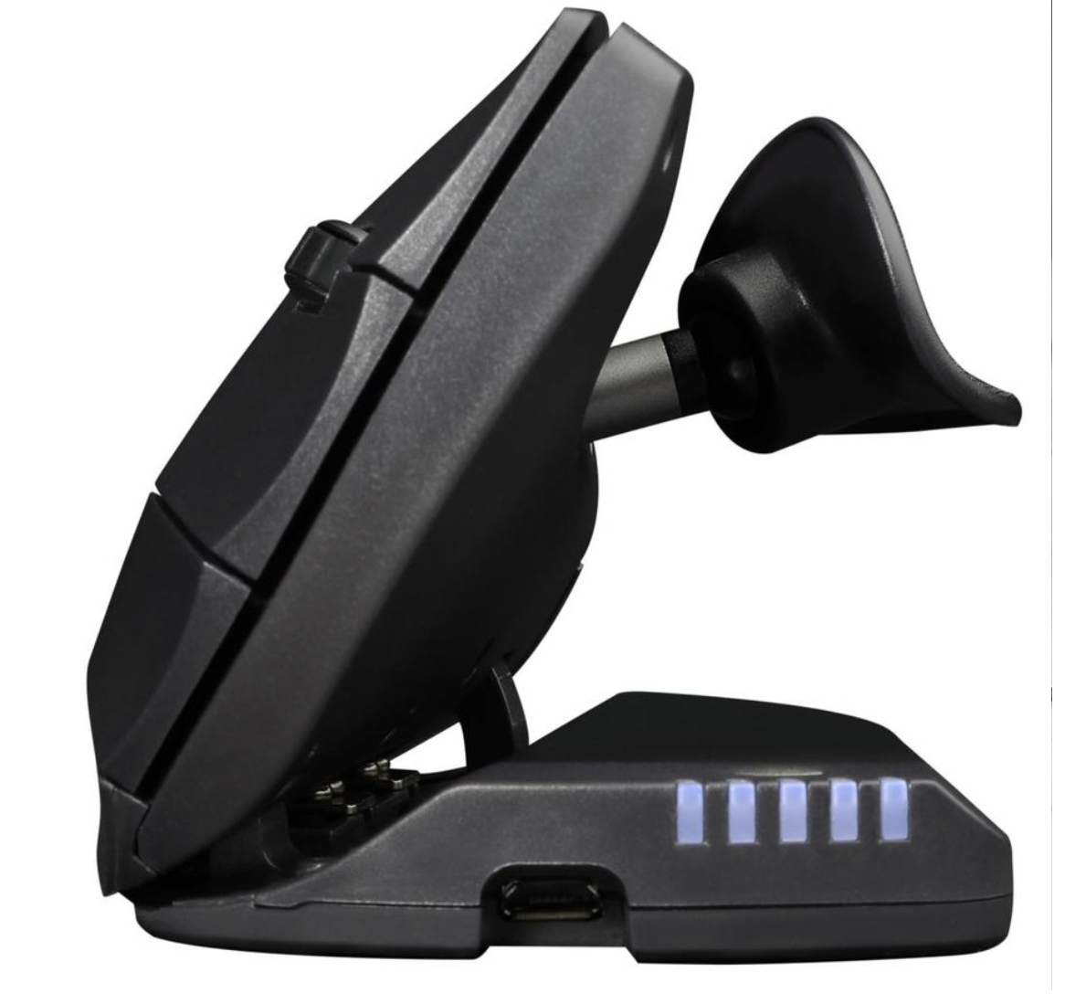 Zijaanzicht van een zwarte ergonomische draadloze computermuis met een steun voor de duim, ontworpen voor linkshandigen, met vijf blauwe LED-indicatielampjes aan de zijkant.