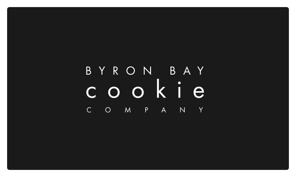 Byron Bay Cookie Company logo with white text on a black background.