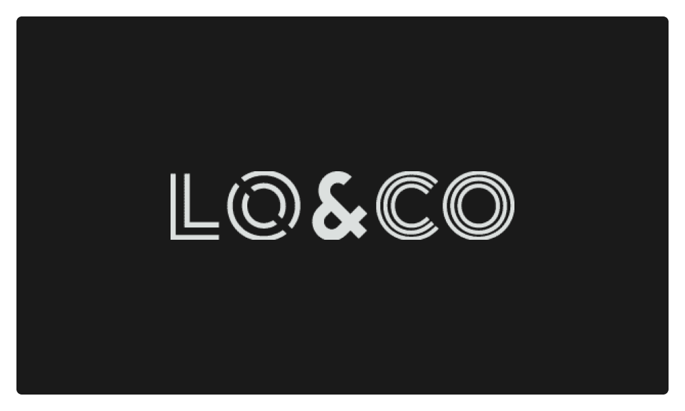 Logo displaying stylized text 'LO & CO' with unique geometric design elements on a black background.