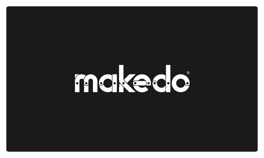 Makedo brand logo in white on a black background with stylized letters containing small mechanical details.