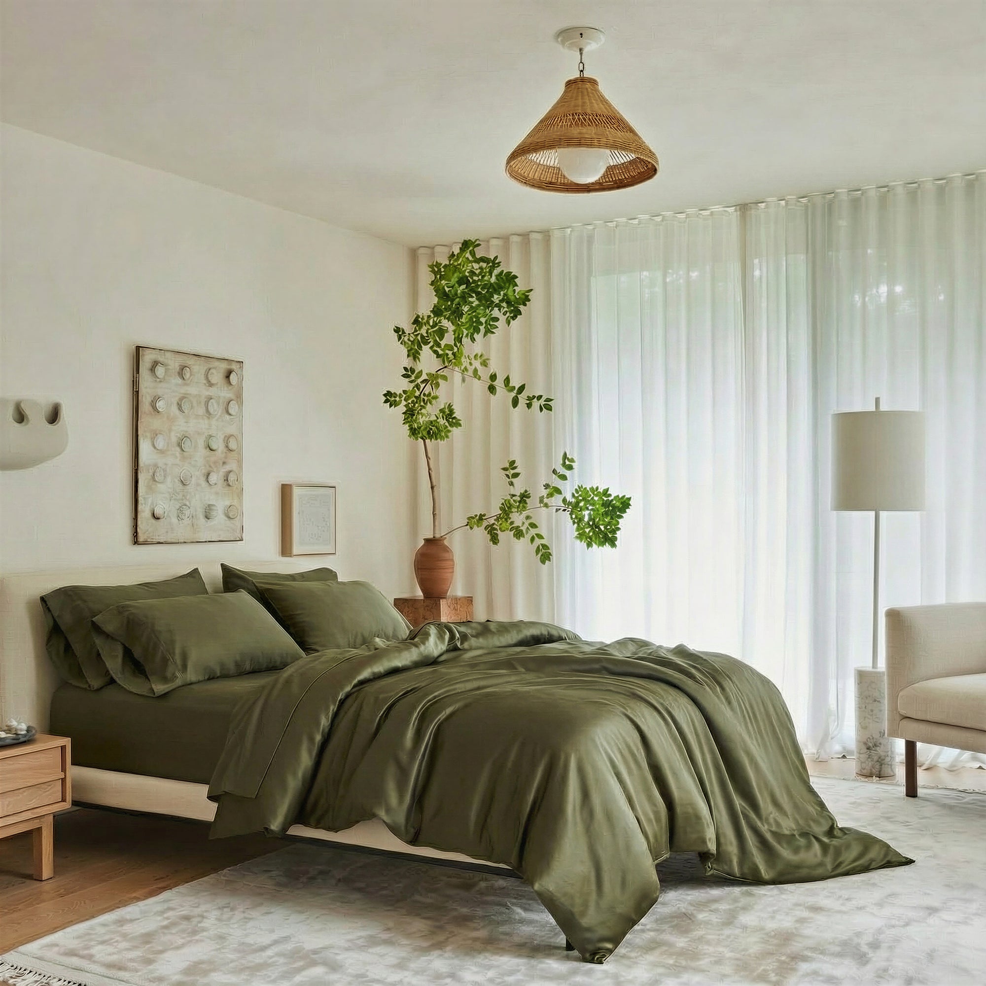 Bed made up in olive bamboo lyocell bedding