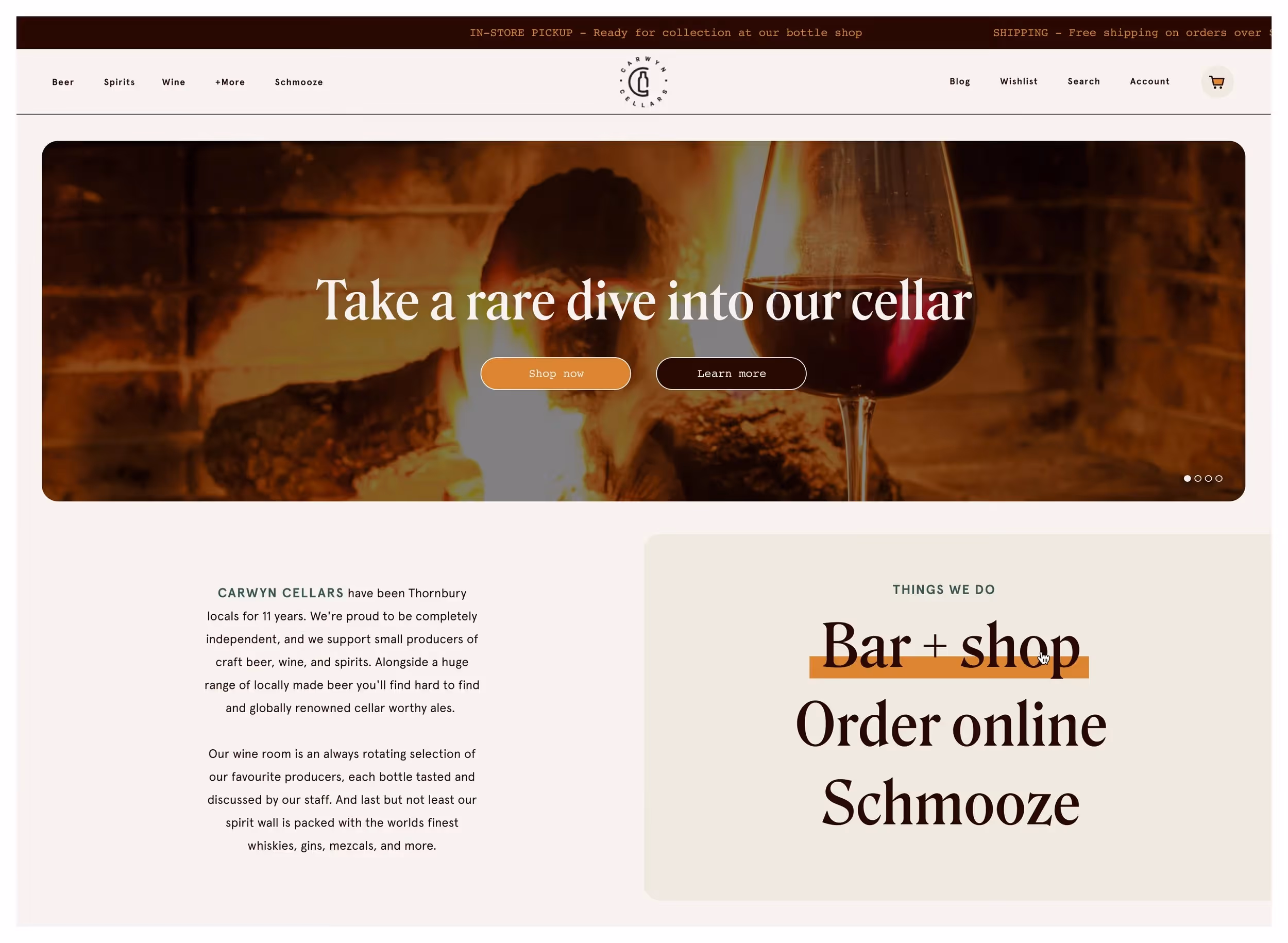 Carwyn Cellars Shopify Plus storefront homepage with featured product curation