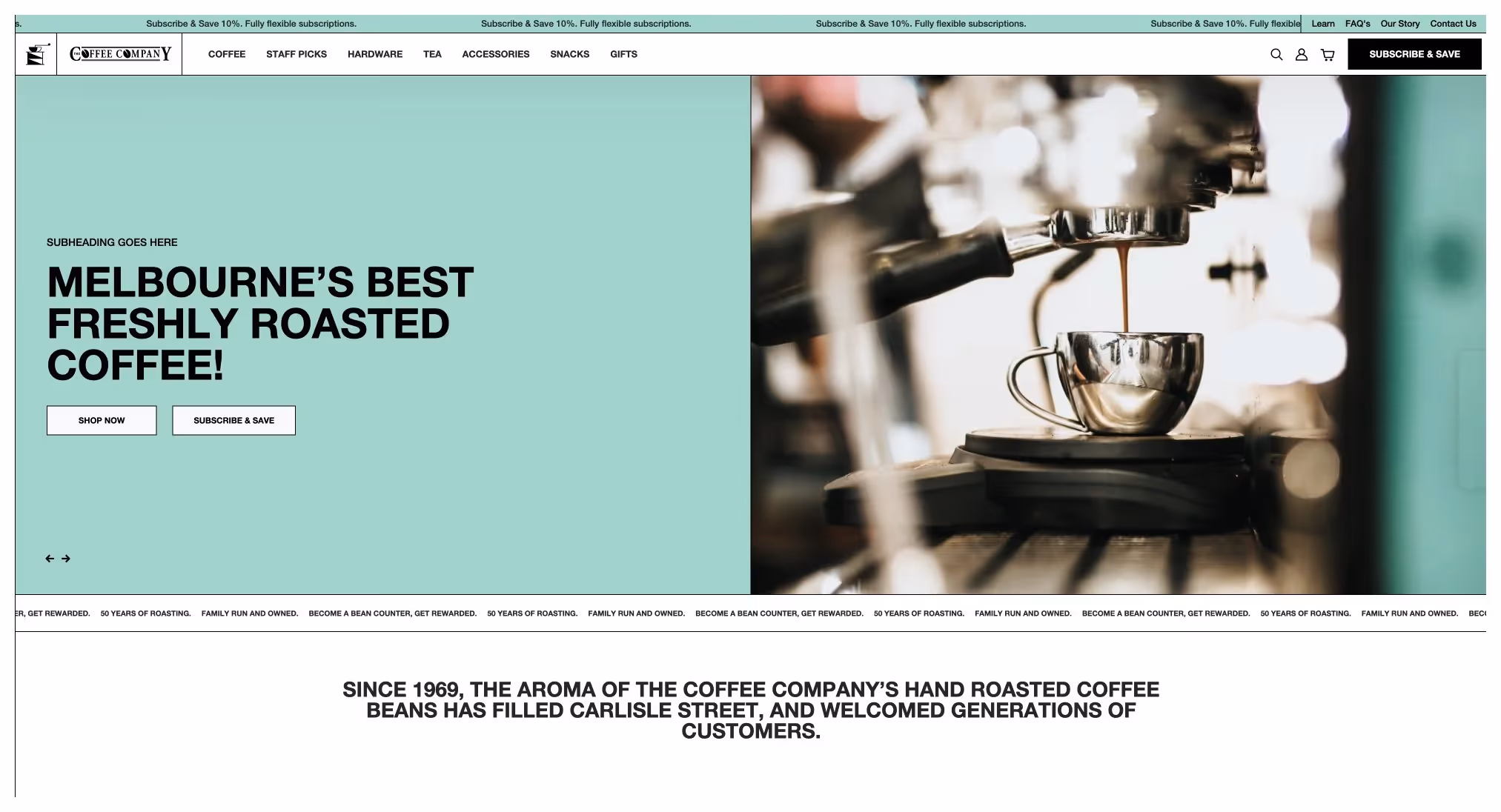 The Coffee Company headless Shopify Plus homepage with product quiz and subscription builder