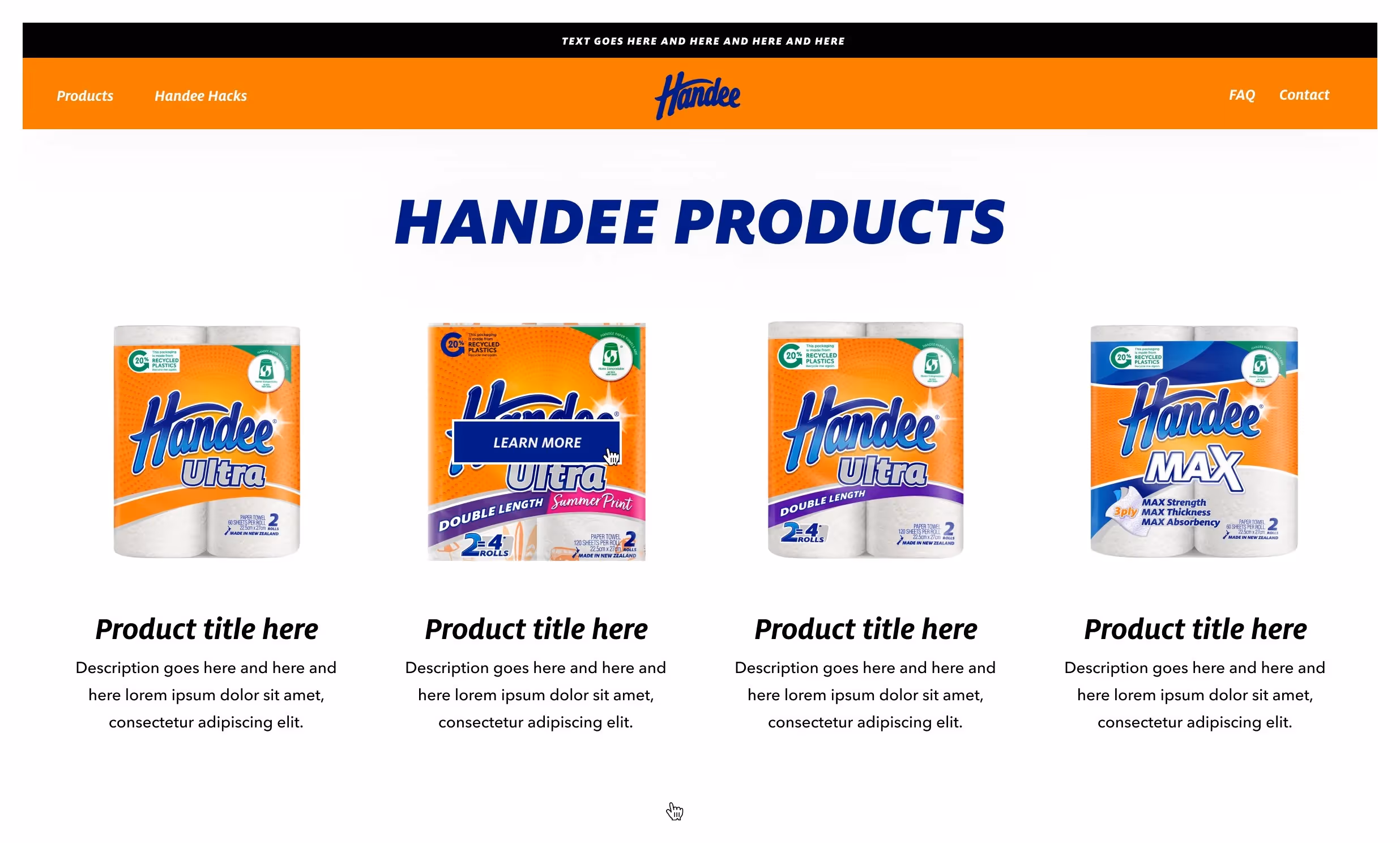 Handee product range comparison page on Shopify brand microsite
