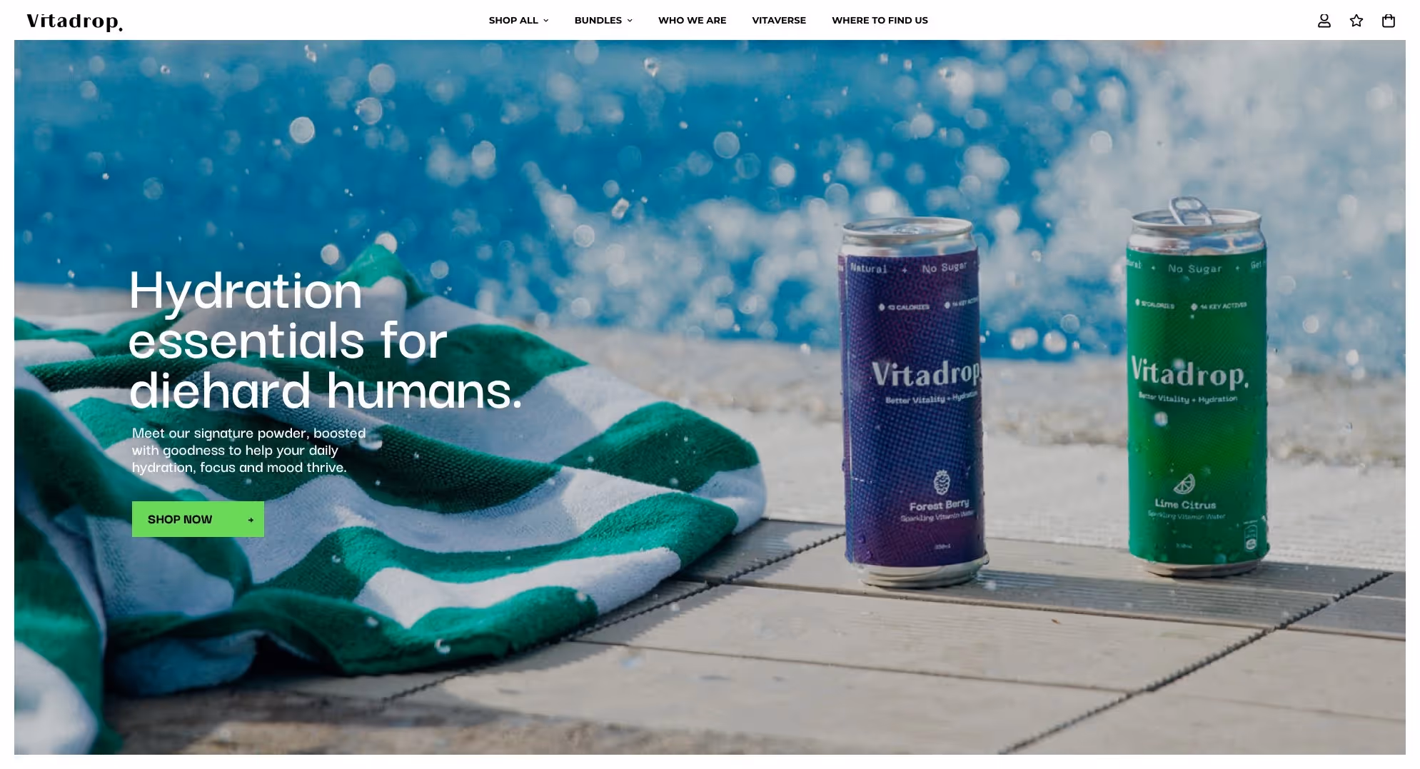 Vitadrop Shopify homepage desktop with functional beverage product discovery