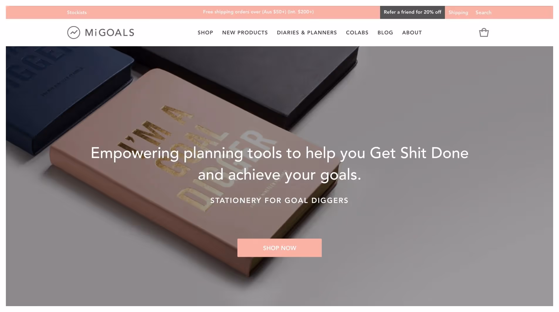 MiGoals Shopify homepage with purpose-driven product storytelling