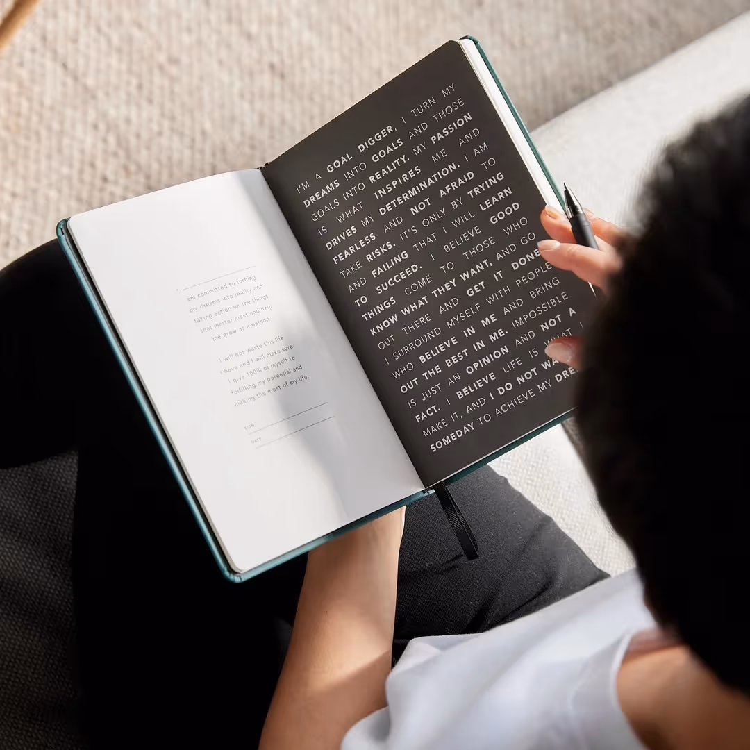 MiGoals journal close-up showing intentional design and clean typography