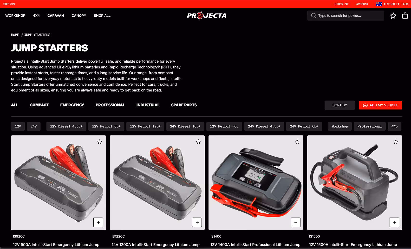 Projecta Power category page showing inverter and solar panel products