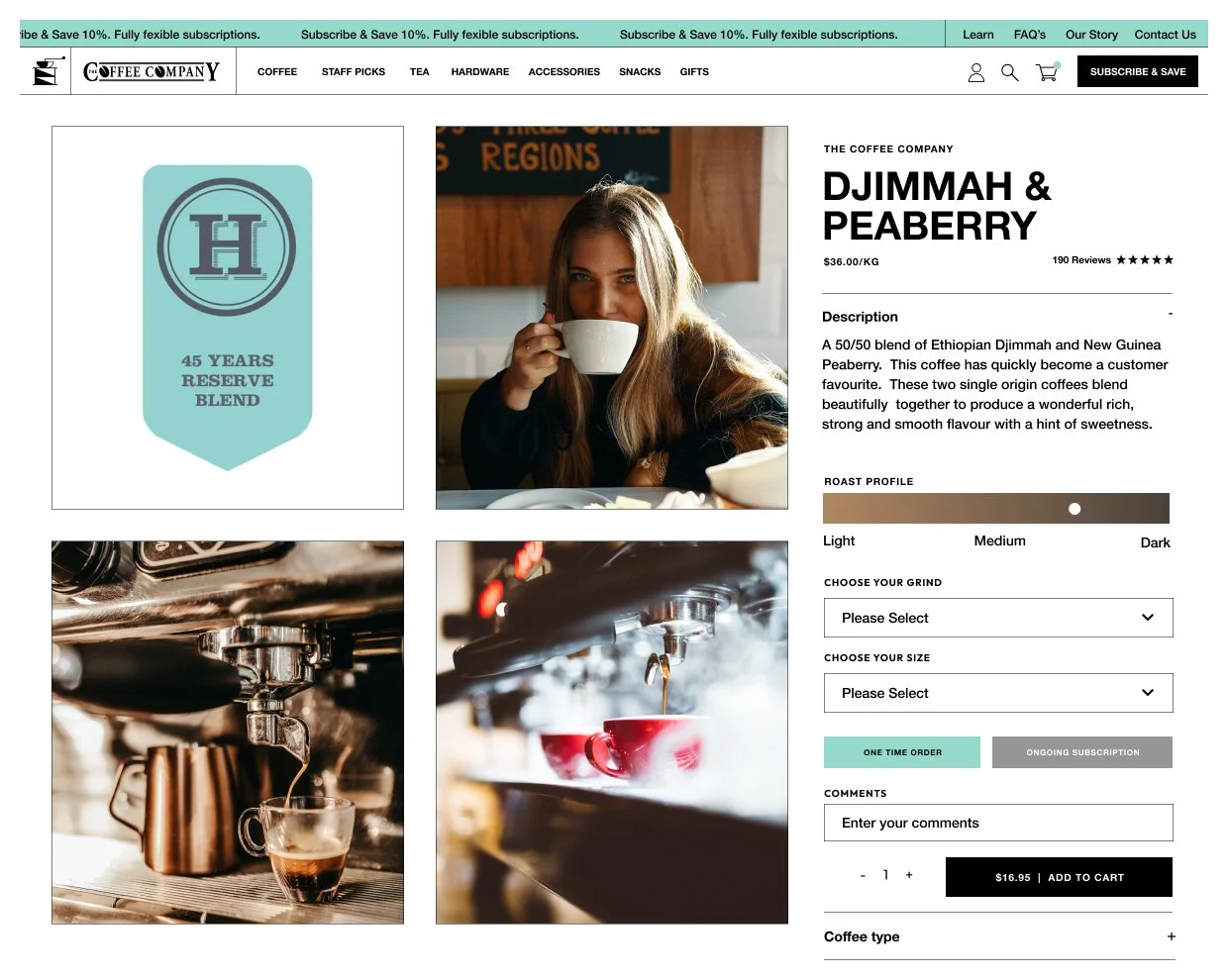 The Coffee Company product detail page with origin and roast level information