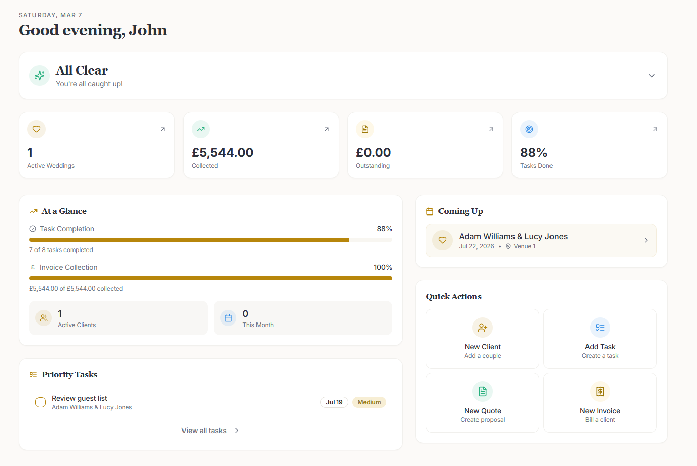 Dashboard showing wedding planning status with 1 active wedding, £5,544 collected, £0 outstanding, and 88% tasks done; includes upcoming event Adam Williams & Lucy Jones on July 22, 2026, priority tasks, and quick action buttons for new client, add task, new quote, and new invoice.