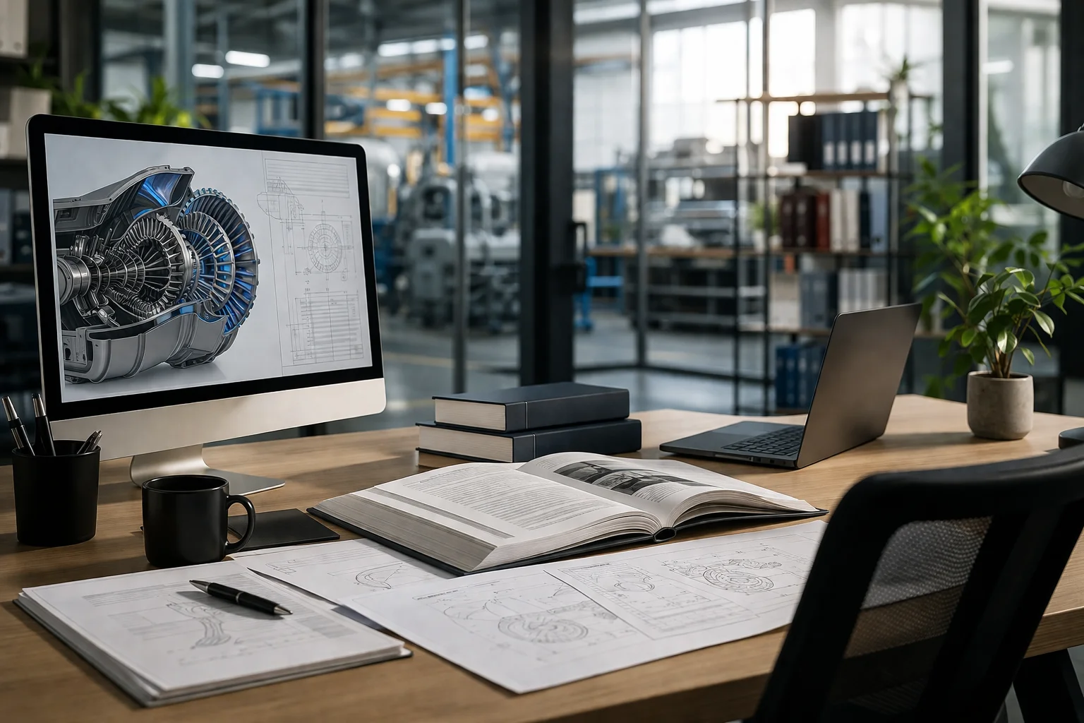 Mesa profissional com projetos de engenharia, paquímetro, peça metálica industrial e computador com modelo técnico em 3D.
