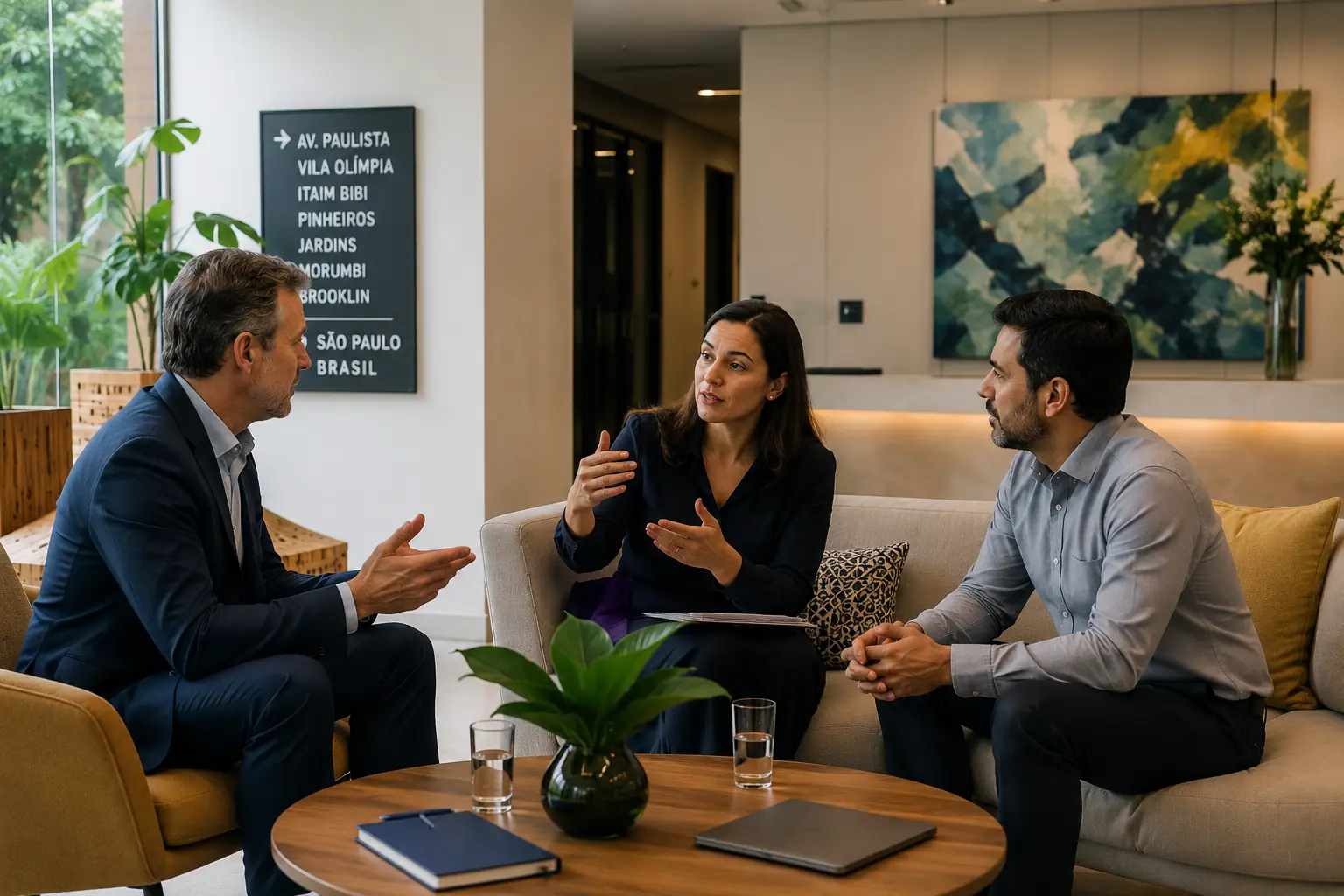 Corporate interpretation service during a multilingual executive meeting in a modern São Paulo office environment.