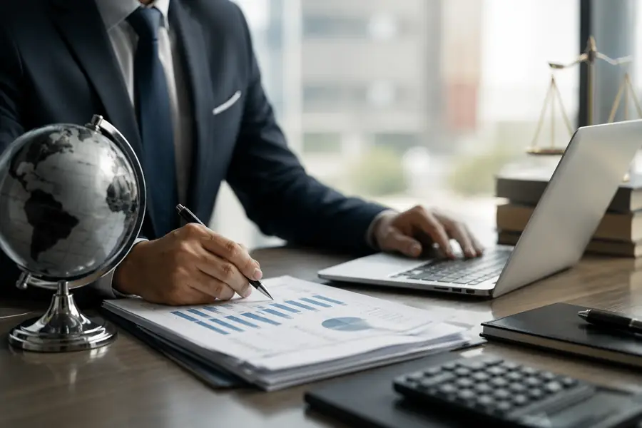 Profissional trabalhando em análise financeira em escritório executivo com notebook, documentos e elementos de negócios internacionais