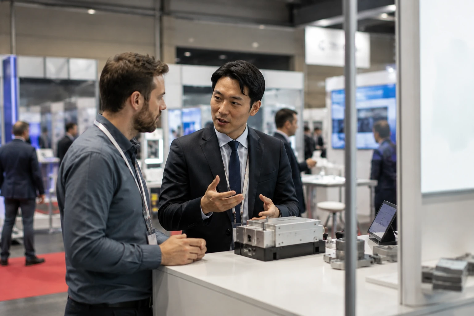 Business interpreter facilitating communication between international professionals at a busy technology and manufacturing expo.