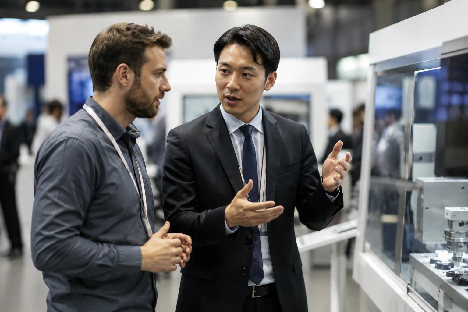 Interpreter and client discussing technical equipment at a professional industry exhibition booth with a corporate trade fair atmosphere.