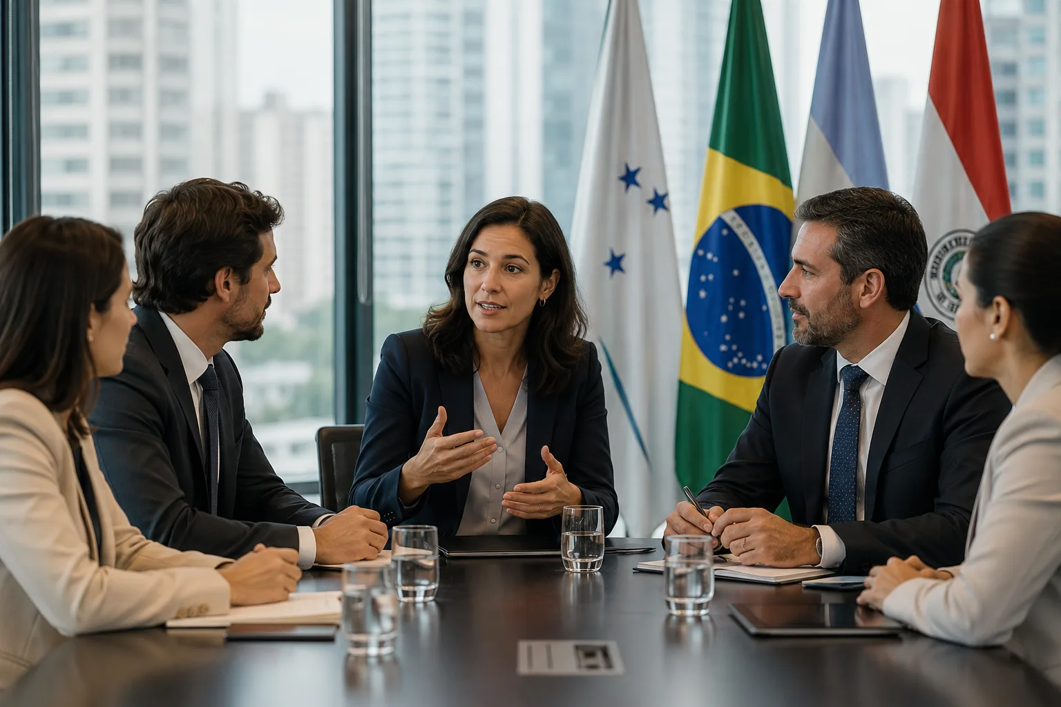 Ejecutivos brasileños e hispanohablantes participan en una reunión corporativa del Mercosur en São Paulo con apoyo de interpretación profesional español-portugués