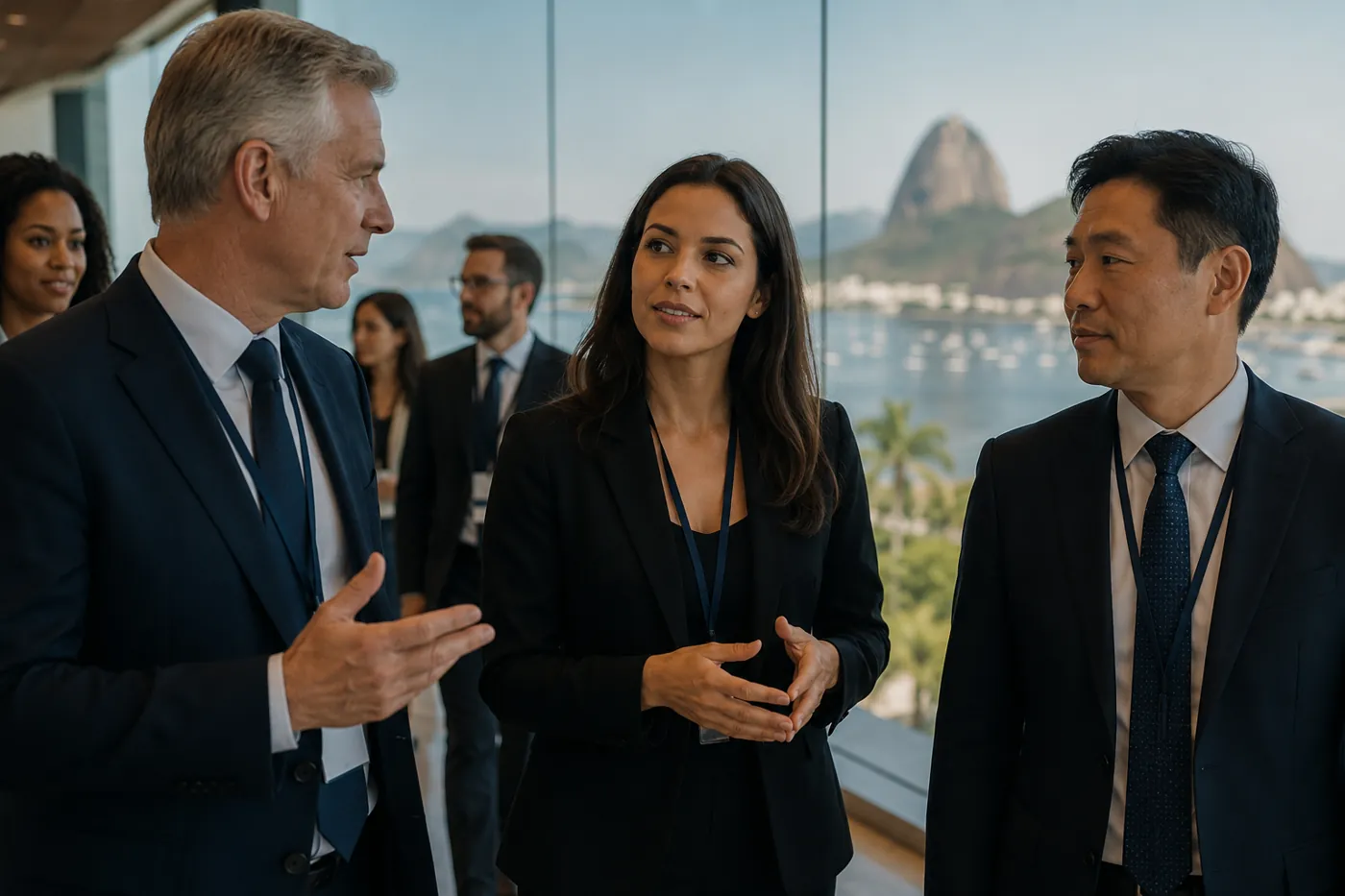 Intérprete de inglês acompanhando executivos internacionais durante evento corporativo no Rio de Janeiro, facilitando a comunicação entre participantes em ambiente empresarial moderno.