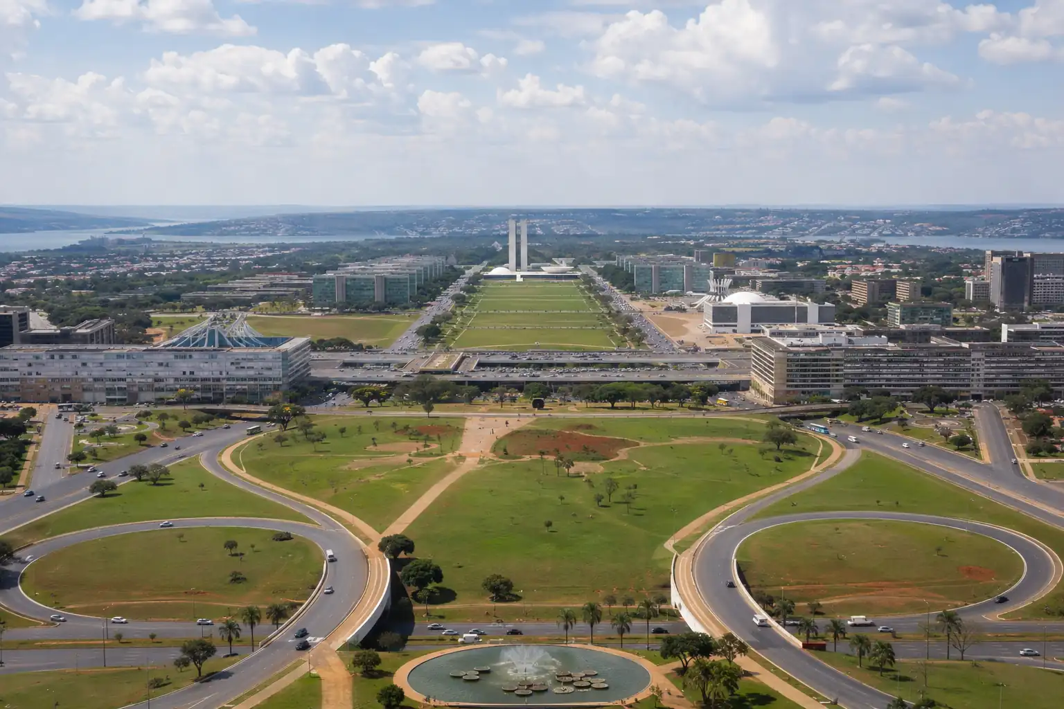 Vista aérea panorâmica de Brasília com amplas avenidas, áreas verdes e os principais edifícios governamentais ao fundo.
